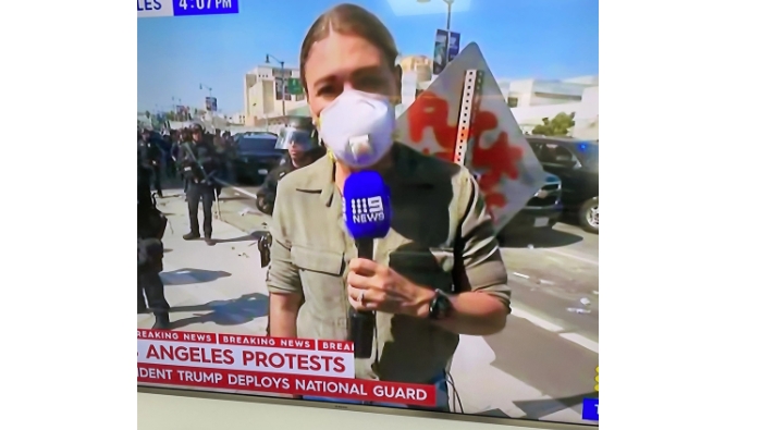 Branded microphone logo in the LA protests